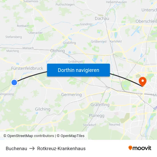Buchenau to Rotkreuz-Krankenhaus map