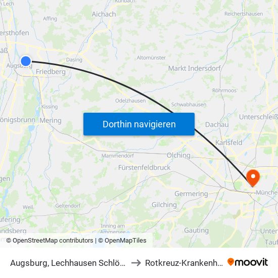 Augsburg, Lechhausen Schlößle A to Rotkreuz-Krankenhaus map