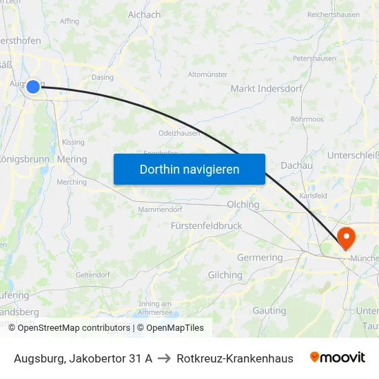 Augsburg, Jakobertor 31 A to Rotkreuz-Krankenhaus map