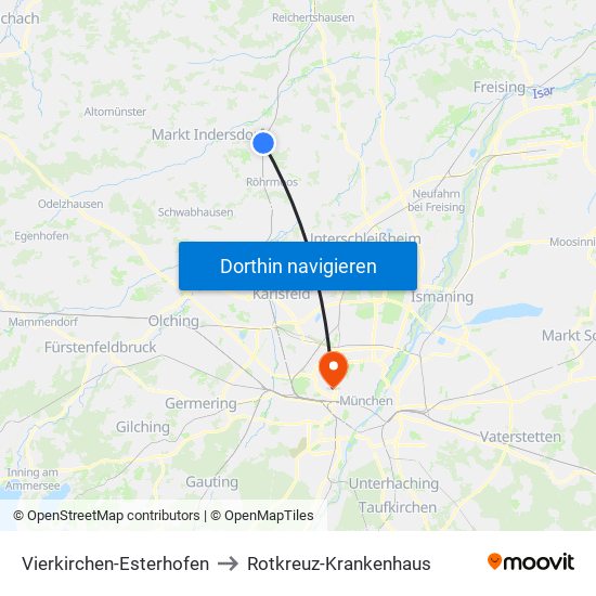 Vierkirchen-Esterhofen to Rotkreuz-Krankenhaus map