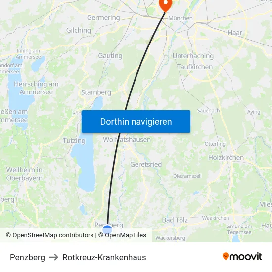 Penzberg to Rotkreuz-Krankenhaus map