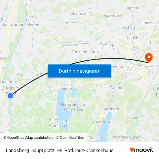 Landsberg Hauptplatz to Rotkreuz-Krankenhaus map