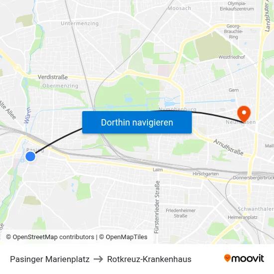 Pasinger Marienplatz to Rotkreuz-Krankenhaus map