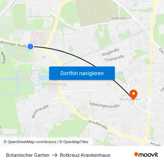 Botanischer Garten to Rotkreuz-Krankenhaus map