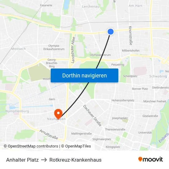 Anhalter Platz to Rotkreuz-Krankenhaus map