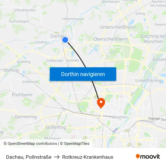 Dachau, Pollnstraße to Rotkreuz-Krankenhaus map