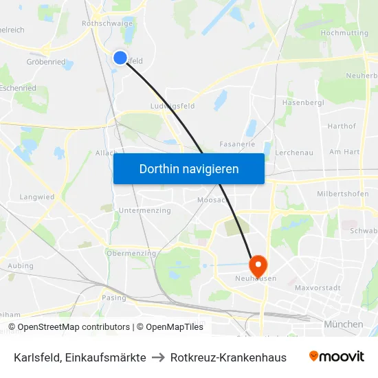 Karlsfeld, Einkaufsmärkte to Rotkreuz-Krankenhaus map