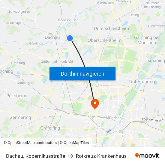 Dachau, Kopernikusstraße to Rotkreuz-Krankenhaus map