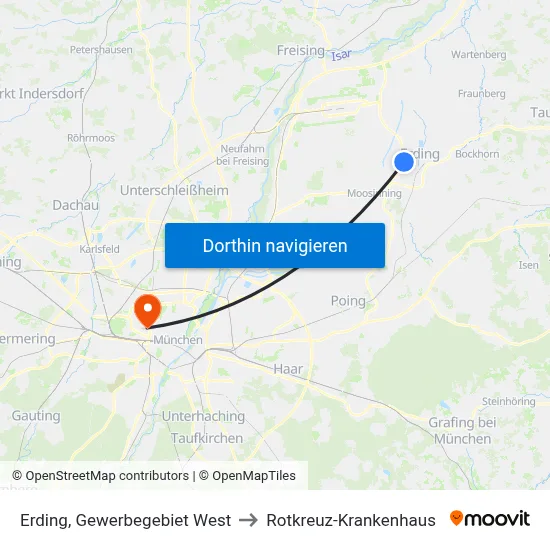 Erding, Gewerbegebiet West to Rotkreuz-Krankenhaus map