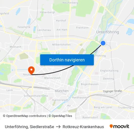 Unterföhring, Siedlerstraße to Rotkreuz-Krankenhaus map