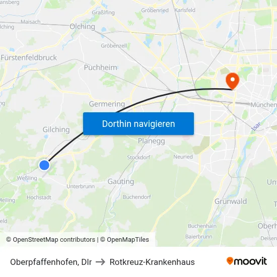Oberpfaffenhofen, Dlr to Rotkreuz-Krankenhaus map