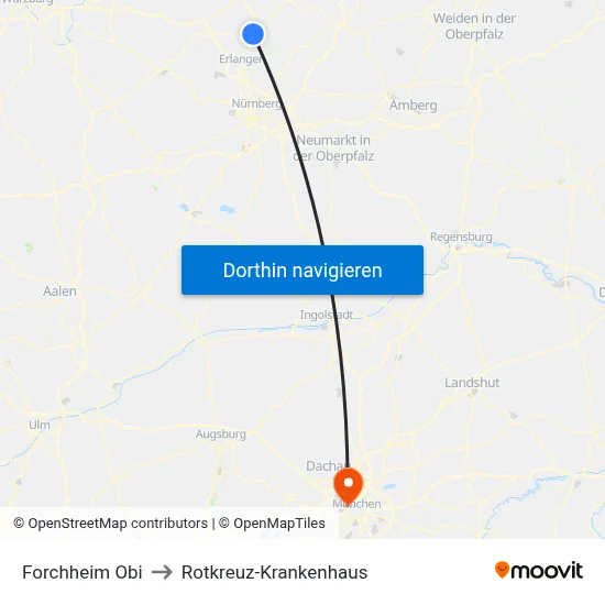 Forchheim Obi to Rotkreuz-Krankenhaus map