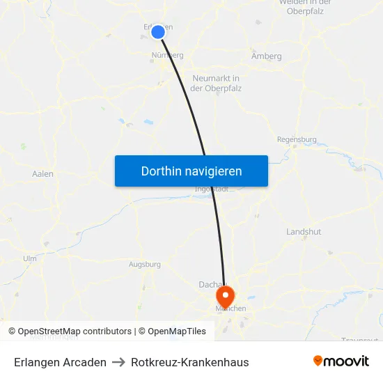 Erlangen Arcaden to Rotkreuz-Krankenhaus map