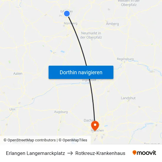 Erlangen Langemarckplatz to Rotkreuz-Krankenhaus map