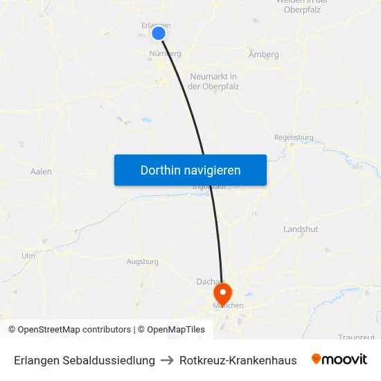 Erlangen Sebaldussiedlung to Rotkreuz-Krankenhaus map