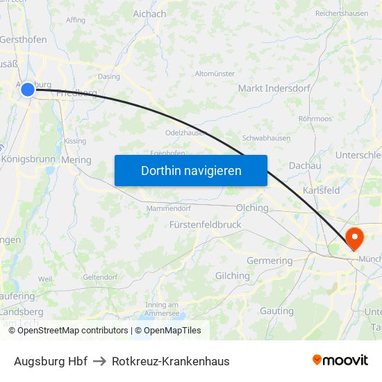 Augsburg Hbf to Rotkreuz-Krankenhaus map