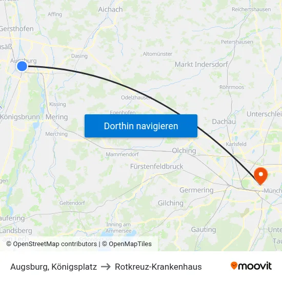 Augsburg, Königsplatz to Rotkreuz-Krankenhaus map