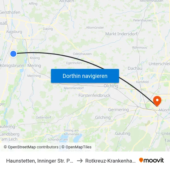 Haunstetten, Inninger Str. P+R to Rotkreuz-Krankenhaus map