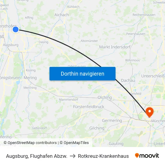 Augsburg, Flughafen Abzw. to Rotkreuz-Krankenhaus map