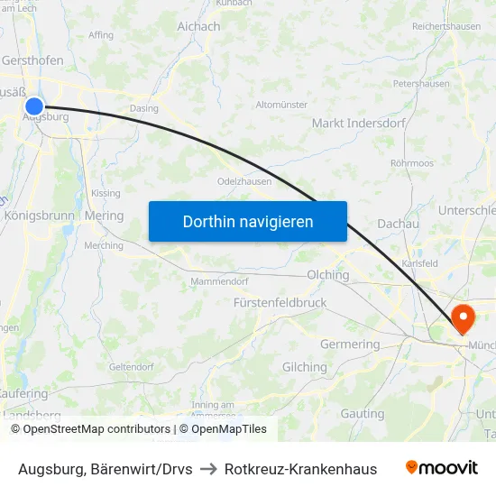 Augsburg, Bärenwirt/Drvs to Rotkreuz-Krankenhaus map