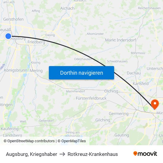 Augsburg, Kriegshaber to Rotkreuz-Krankenhaus map