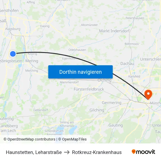 Haunstetten, Leharstraße to Rotkreuz-Krankenhaus map