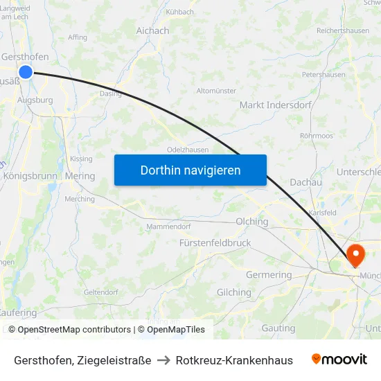 Gersthofen, Ziegeleistraße to Rotkreuz-Krankenhaus map