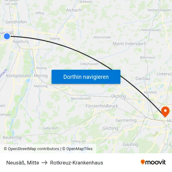 Neusäß, Mitte to Rotkreuz-Krankenhaus map