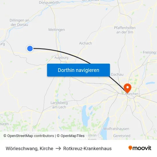 Wörleschwang, Kirche to Rotkreuz-Krankenhaus map