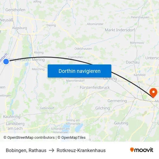 Bobingen, Rathaus to Rotkreuz-Krankenhaus map