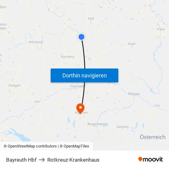 Bayreuth Hbf to Rotkreuz-Krankenhaus map