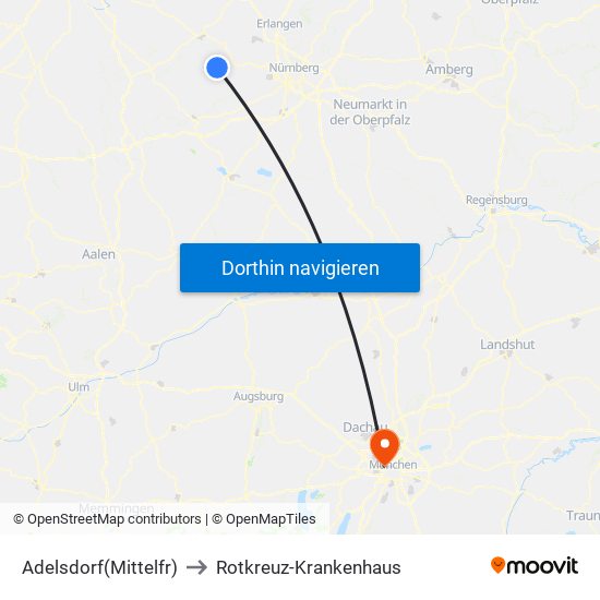 Adelsdorf(Mittelfr) to Rotkreuz-Krankenhaus map