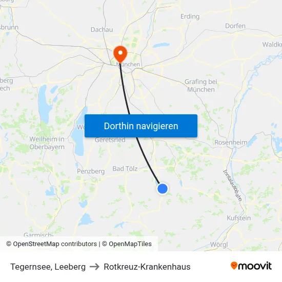 Tegernsee, Leeberg to Rotkreuz-Krankenhaus map