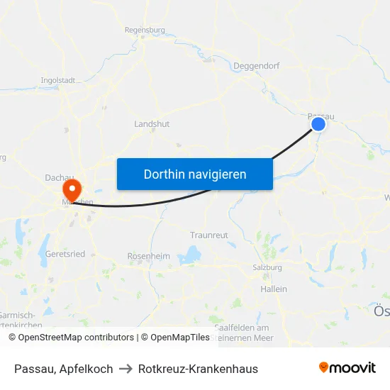 Passau, Apfelkoch to Rotkreuz-Krankenhaus map