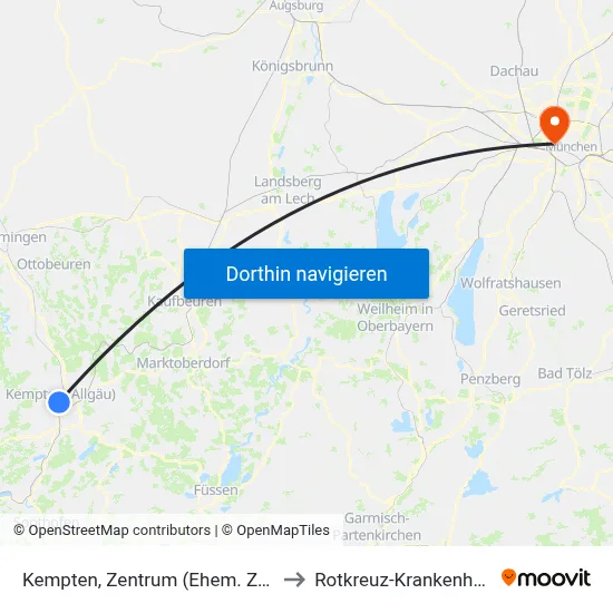 Kempten, Zentrum (Ehem. Zum) to Rotkreuz-Krankenhaus map
