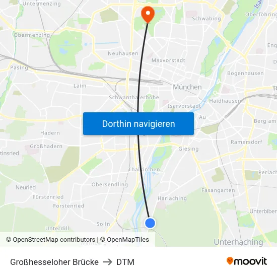 Großhesseloher Brücke to DTM map