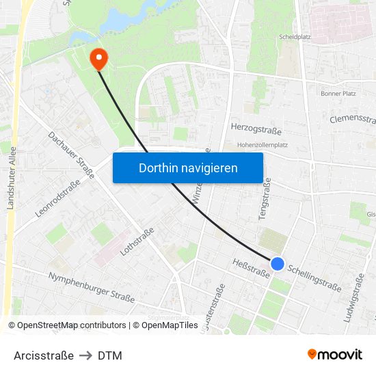 Arcisstraße to DTM map