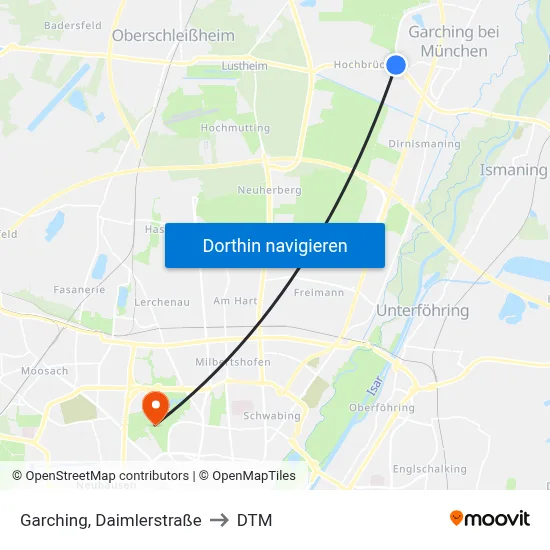 Garching, Daimlerstraße to DTM map