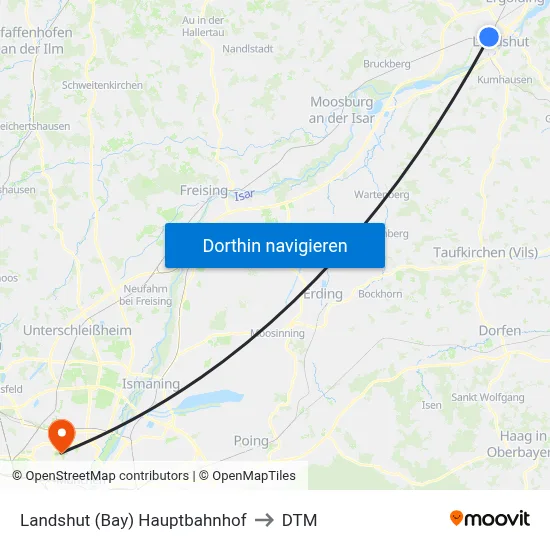 Landshut (Bay) Hauptbahnhof to DTM map
