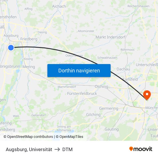 Augsburg, Universität to DTM map