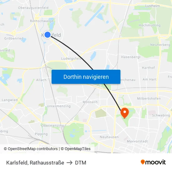 Karlsfeld, Rathausstraße to DTM map