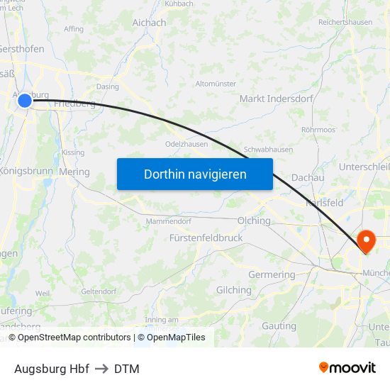 Augsburg Hbf to DTM map