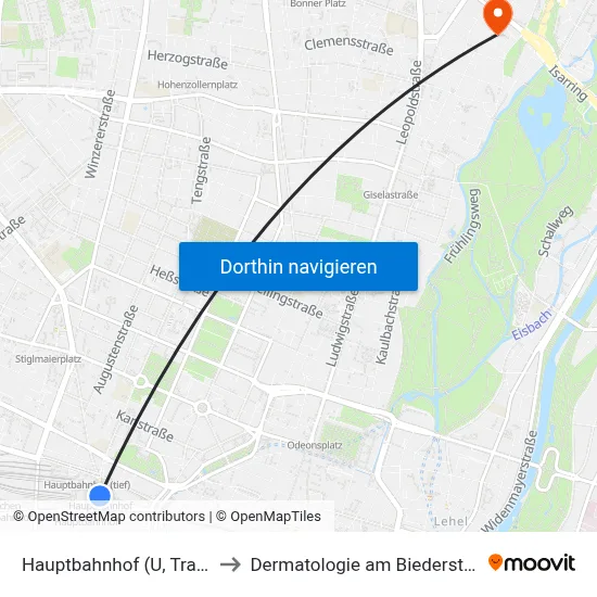 Hauptbahnhof (U, Tram) to Dermatologie am Biederstein map