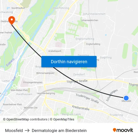 Moosfeld to Dermatologie am Biederstein map