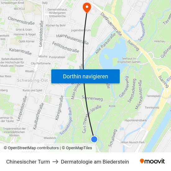 Chinesischer Turm to Dermatologie am Biederstein map