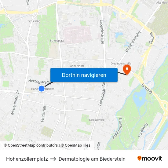 Hohenzollernplatz to Dermatologie am Biederstein map
