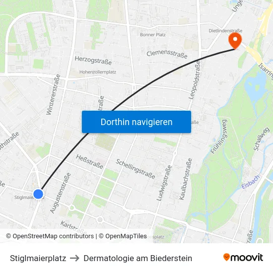 Stiglmaierplatz to Dermatologie am Biederstein map