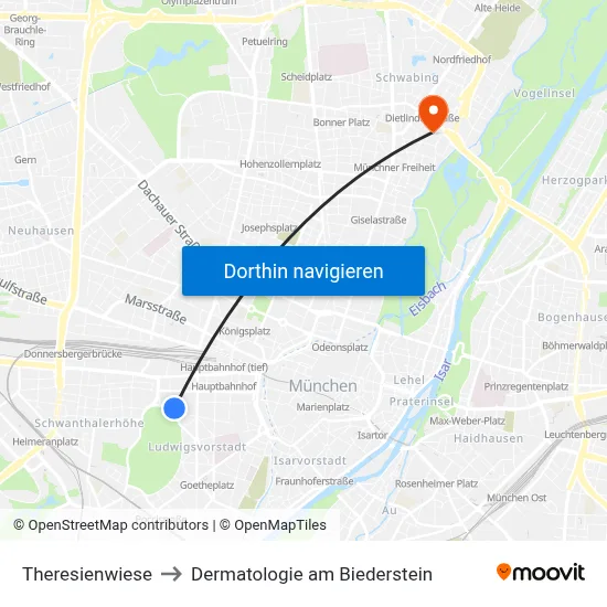 Theresienwiese to Dermatologie am Biederstein map