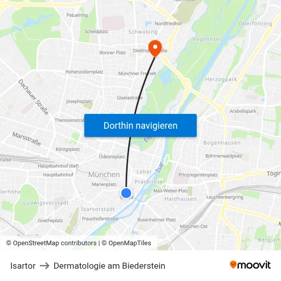 Isartor to Dermatologie am Biederstein map