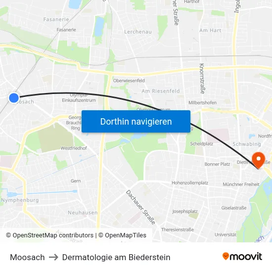 Moosach to Dermatologie am Biederstein map